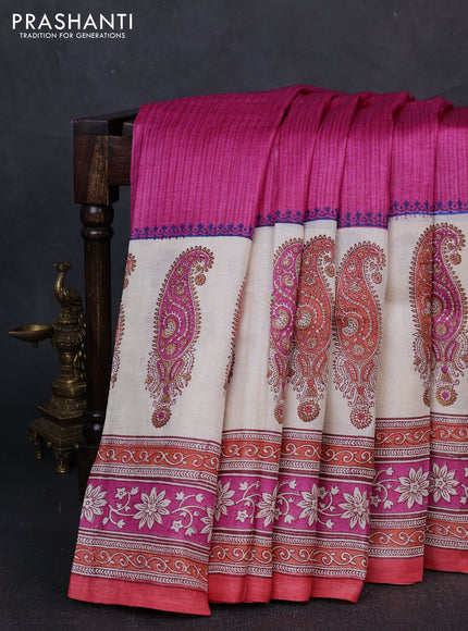Pure tussar silk saree pink and cream peach with allover block prints and long block printed border