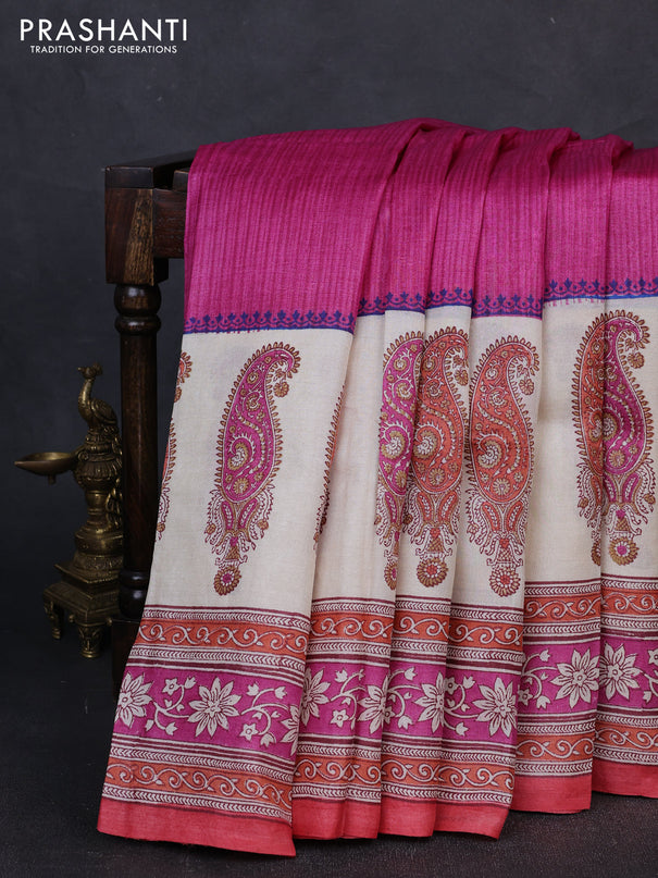 Pure tussar silk saree pink and cream peach with allover block prints and long block printed border