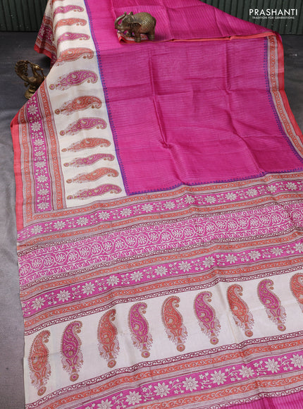Pure tussar silk saree pink and cream peach with allover block prints and long block printed border