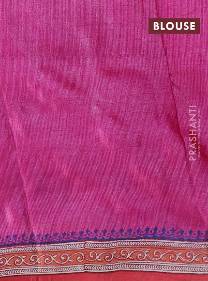 Pure tussar silk saree pink and cream peach with allover block prints and long block printed border