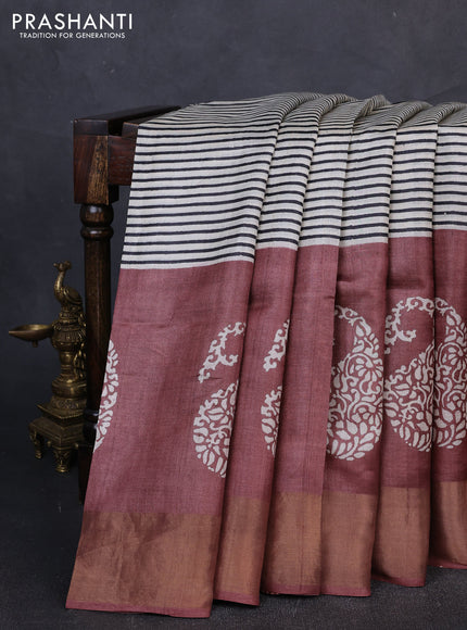 Pure tussar silk saree cream and rosy brown with allover stripe prints and long paisley printed zari woven border
