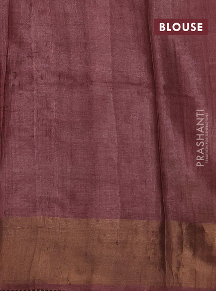 Pure tussar silk saree cream and rosy brown with allover stripe prints and long paisley printed zari woven border