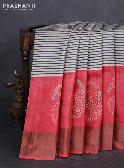 Pure tussar silk saree cream and red with allover stripe prints and long paisley printed zari woven border