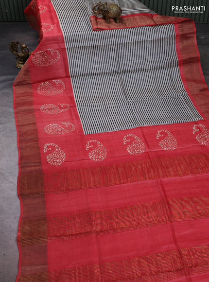 Pure tussar silk saree cream and red with allover stripe prints and long paisley printed zari woven border