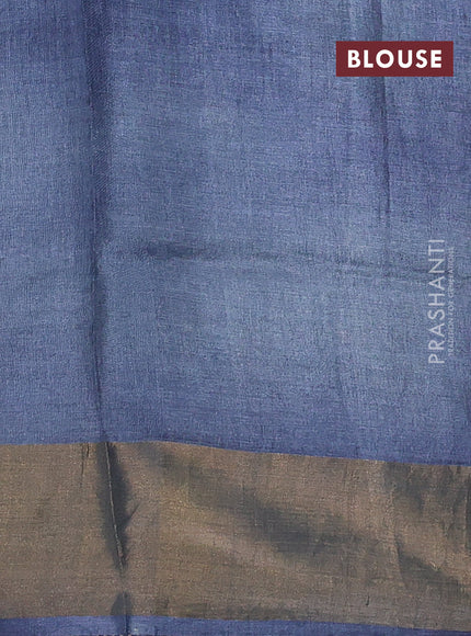 Pure tussar silk saree cream and grey with allover stripe prints and long paisley printed zari woven border