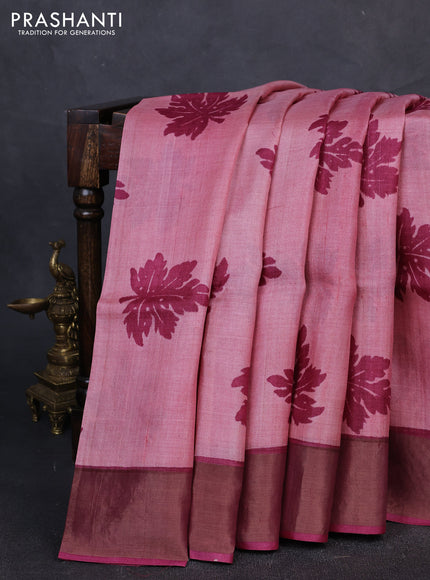 Pure tussar silk saree peach pink shade and wine shade with leaf butta prints and zari woven border
