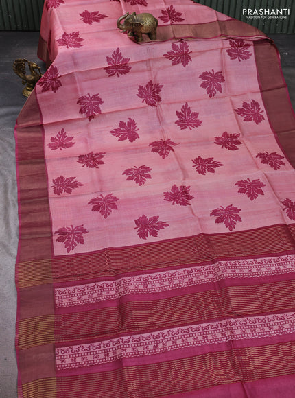 Pure tussar silk saree peach pink shade and wine shade with leaf butta prints and zari woven border