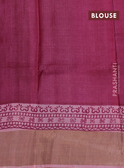Pure tussar silk saree peach pink shade and wine shade with leaf butta prints and zari woven border