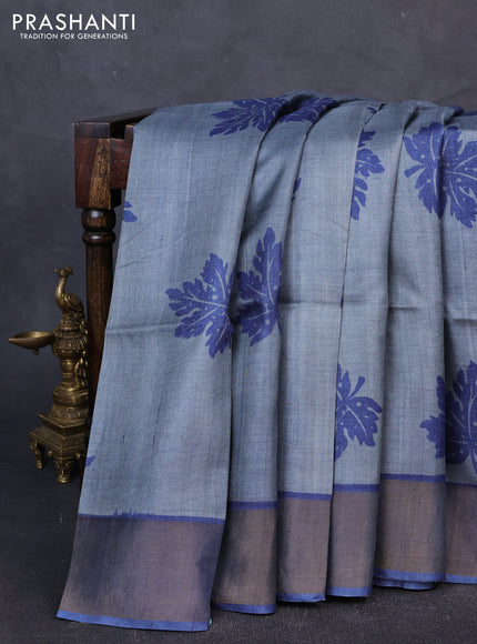 Pure tussar silk saree grey and blue with leaf butta prints and zari woven border