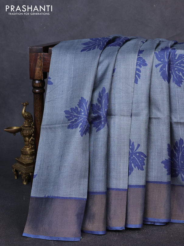 Pure tussar silk saree grey and blue with leaf butta prints and zari woven border