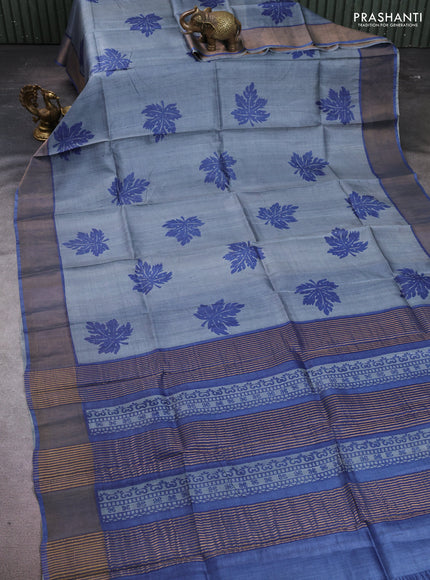 Pure tussar silk saree grey and blue with leaf butta prints and zari woven border