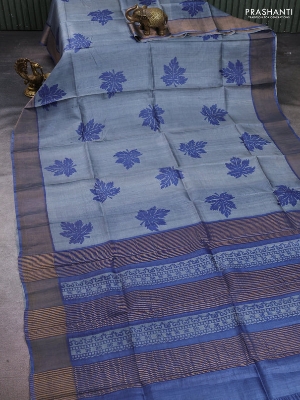 Pure tussar silk saree grey and blue with leaf butta prints and zari woven border