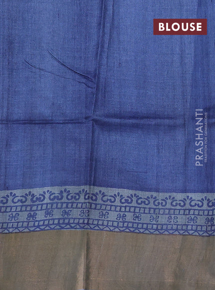 Pure tussar silk saree grey and blue with leaf butta prints and zari woven border