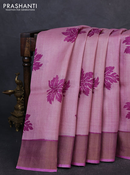 Pure tussar silk saree pastel pink and purple with leaf butta prints and zari woven border