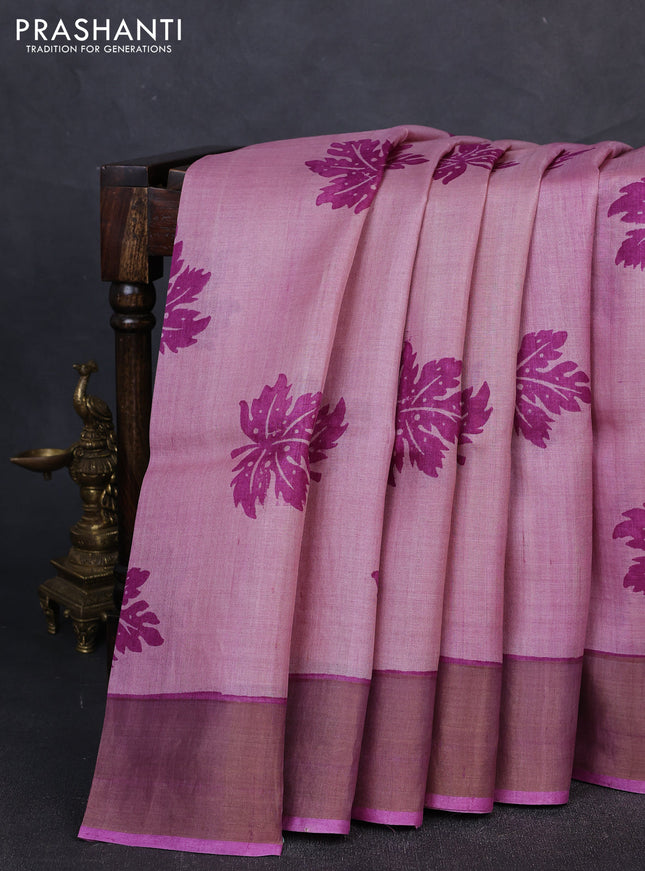 Pure tussar silk saree pastel pink and purple with leaf butta prints and zari woven border