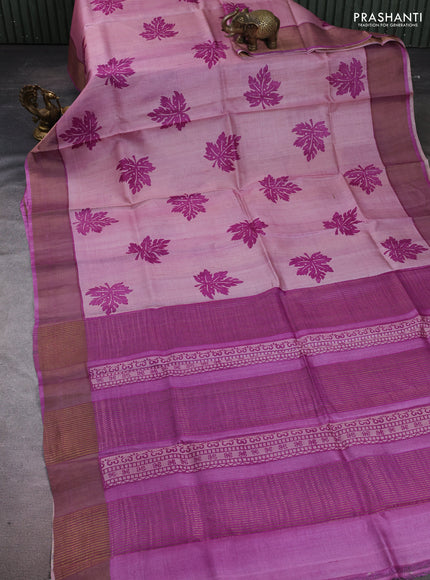 Pure tussar silk saree pastel pink and purple with leaf butta prints and zari woven border