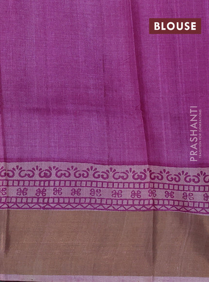 Pure tussar silk saree pastel pink and purple with leaf butta prints and zari woven border