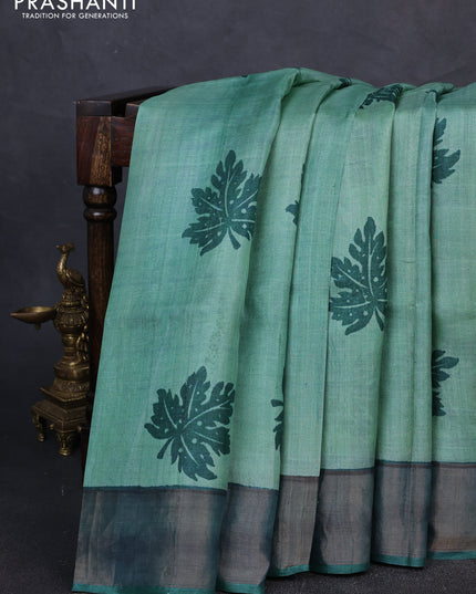 Pure tussar silk saree green shade and green with leaf butta prints and zari woven border