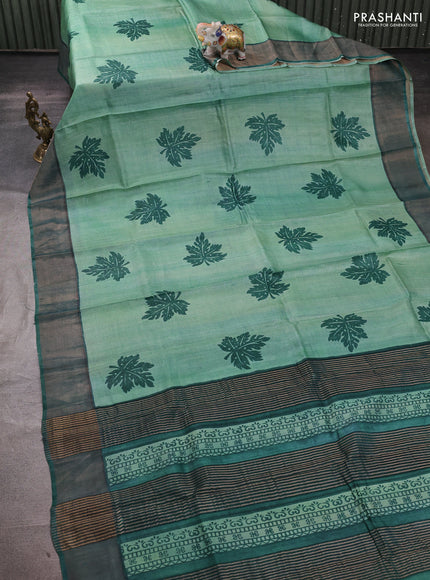 Pure tussar silk saree green shade and green with leaf butta prints and zari woven border