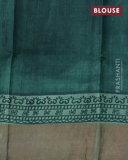 Pure tussar silk saree green shade and green with leaf butta prints and zari woven border