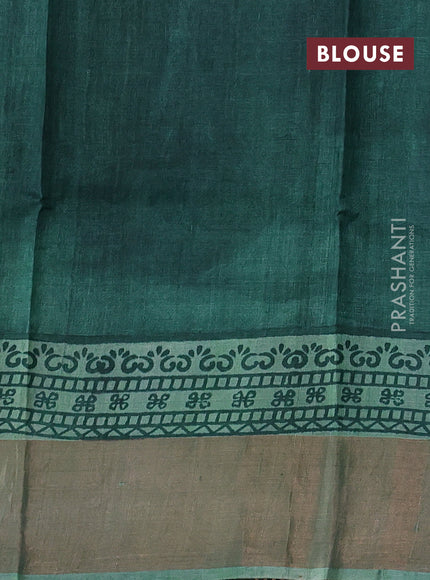Pure tussar silk saree green shade and green with leaf butta prints and zari woven border