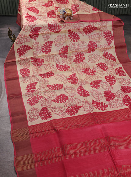 Pure tussar silk saree beige and pink shade with allover leaf prints and zari woven border