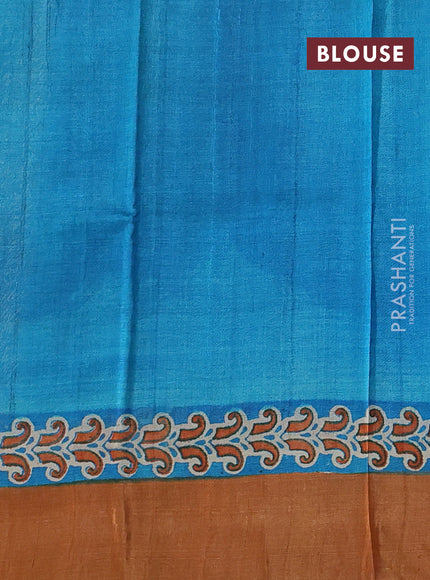 Pure tussar silk saree beige and cs blue with paisley butta prints and zari woven border