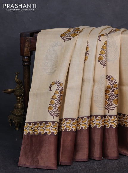 Pure tussar silk saree beige and brown with paisley butta prints and zari woven border