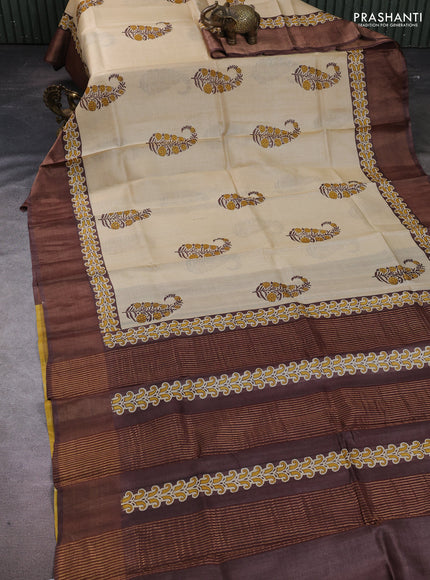 Pure tussar silk saree beige and brown with paisley butta prints and zari woven border
