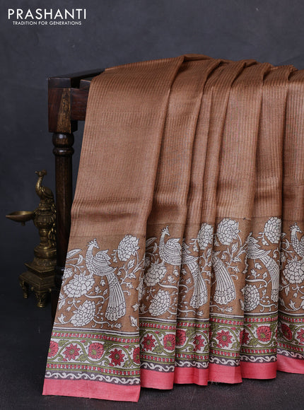 Pure tussar silk saree dark sandal and peach pink with allover block prints and long block printed border