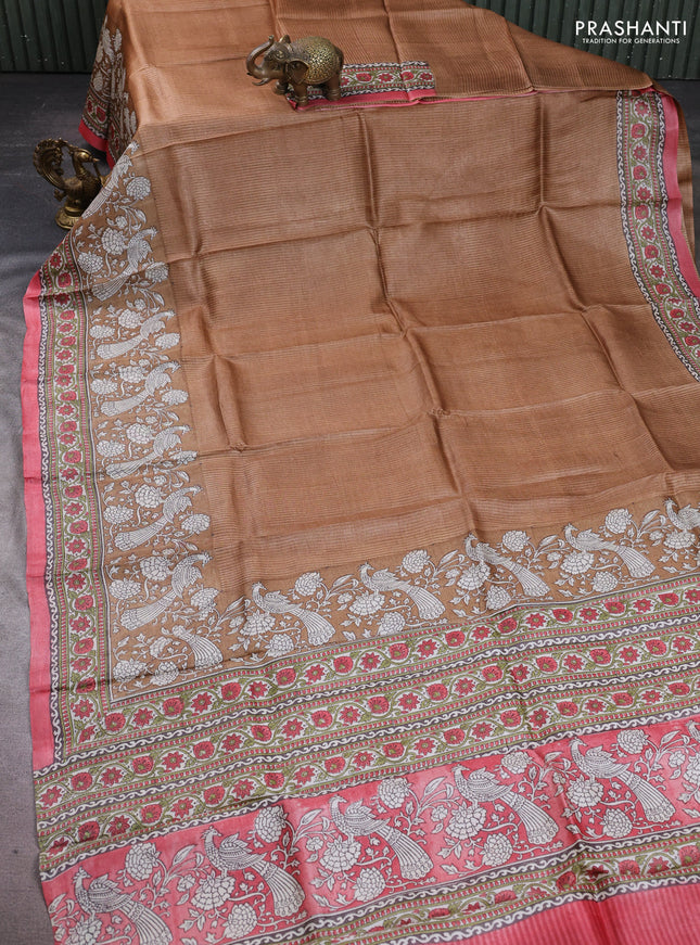 Pure tussar silk saree dark sandal and peach pink with allover block prints and long block printed border