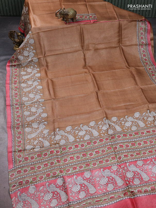 Pure tussar silk saree dark sandal and peach pink with allover block prints and long block printed border