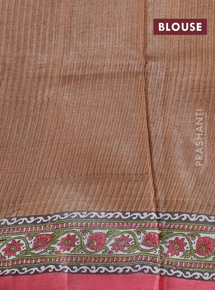 Pure tussar silk saree dark sandal and peach pink with allover block prints and long block printed border