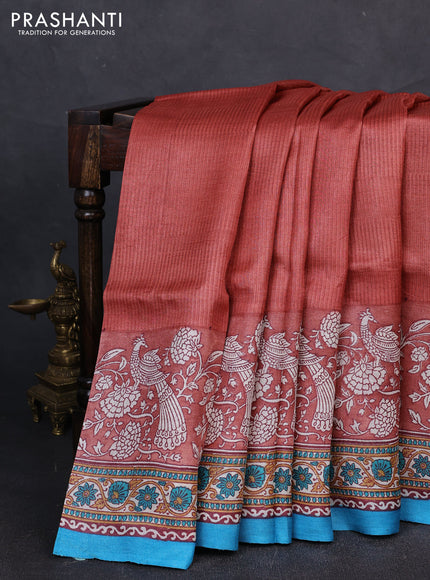 Pure tussar silk saree pastel maroon and teal blue with allover block prints and long block printed border