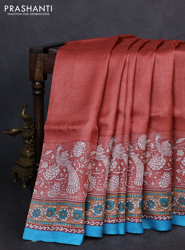 Pure tussar silk saree pastel maroon and teal blue with allover block prints and long block printed border
