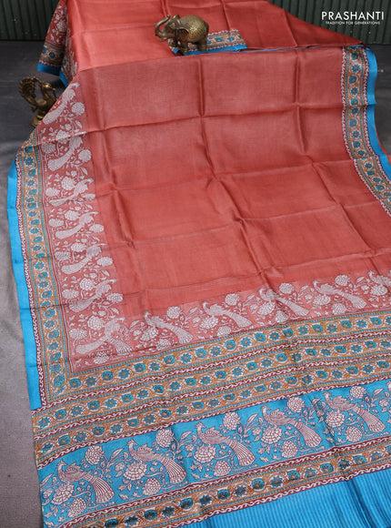 Pure tussar silk saree pastel maroon and teal blue with allover block prints and long block printed border