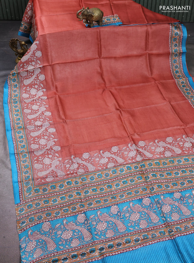 Pure tussar silk saree pastel maroon and teal blue with allover block prints and long block printed border