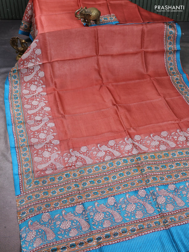 Pure tussar silk saree pastel maroon and teal blue with allover block prints and long block printed border