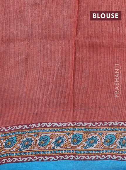 Pure tussar silk saree pastel maroon and teal blue with allover block prints and long block printed border