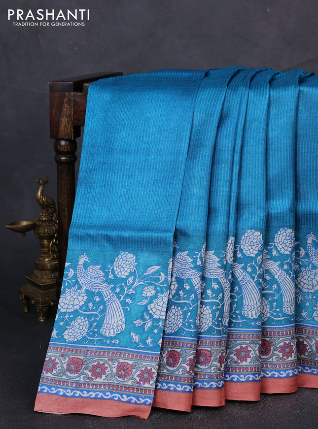 Pure tussar silk saree cs blue and peach shade with allover block prints and long block printed border