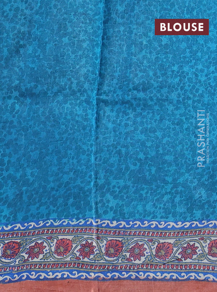 Pure tussar silk saree cs blue and peach shade with allover block prints and long block printed border