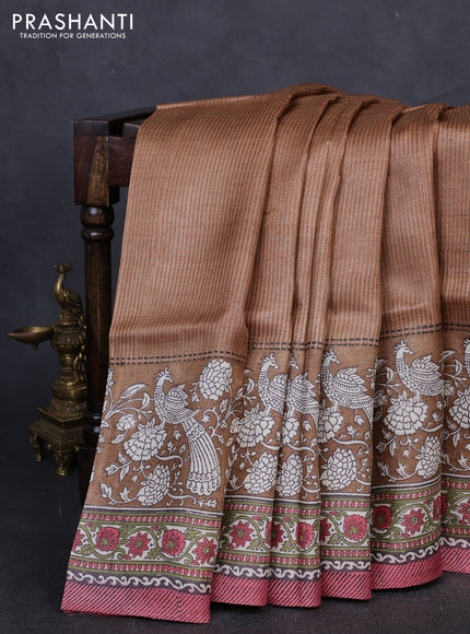 Pure tussar silk saree sandal and pink with allover block prints and long block printed border