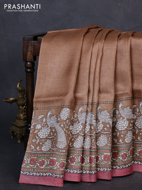 Pure tussar silk saree sandal and pink with allover block prints and long block printed border