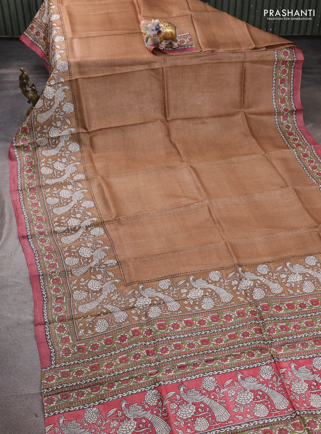 Pure tussar silk saree sandal and pink with allover block prints and long block printed border