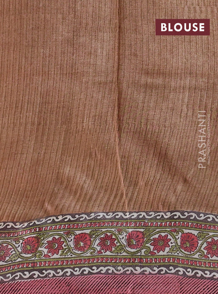 Pure tussar silk saree sandal and pink with allover block prints and long block printed border
