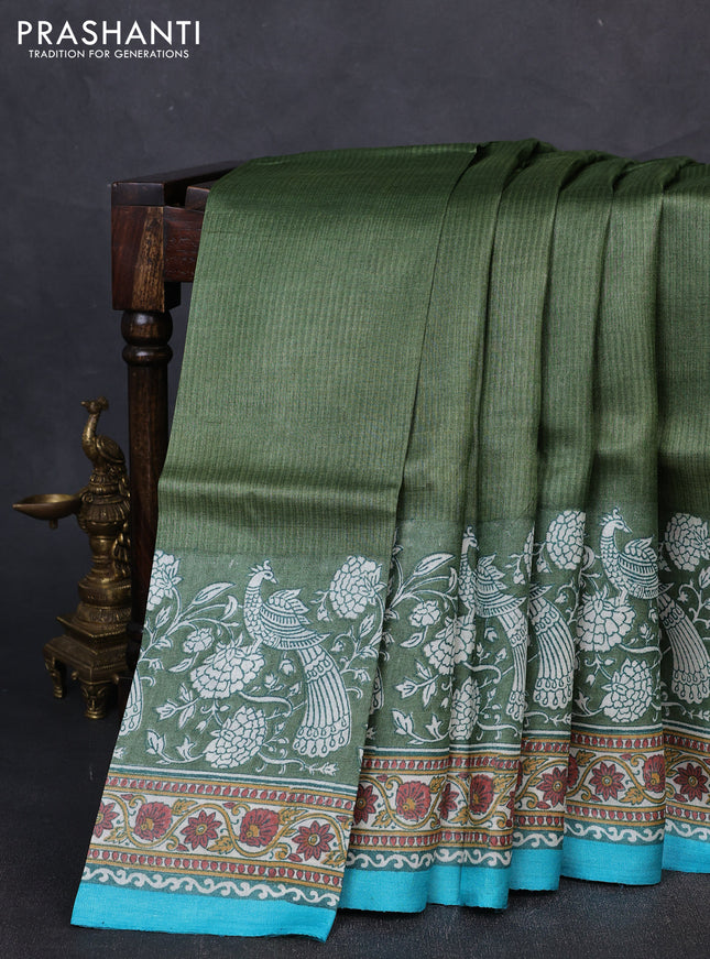 Pure tussar silk saree sap green and teal blue with allover block prints and long block printed border