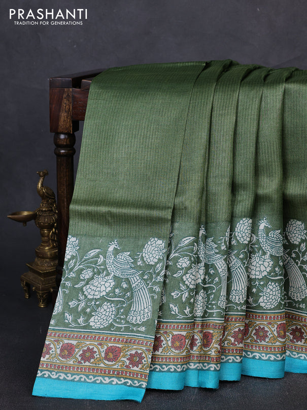 Pure tussar silk saree sap green and teal blue with allover block prints and long block printed border