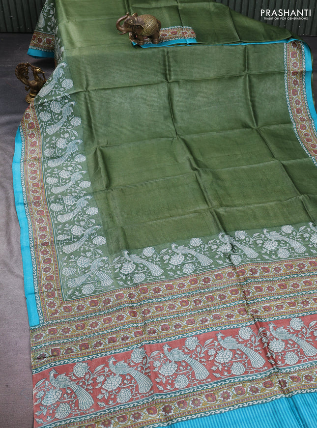 Pure tussar silk saree sap green and teal blue with allover block prints and long block printed border