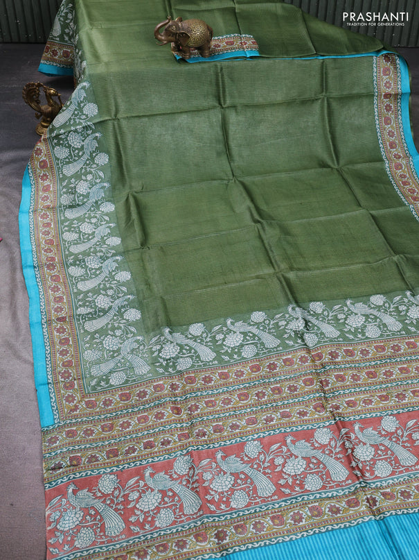 Pure tussar silk saree sap green and teal blue with allover block prints and long block printed border