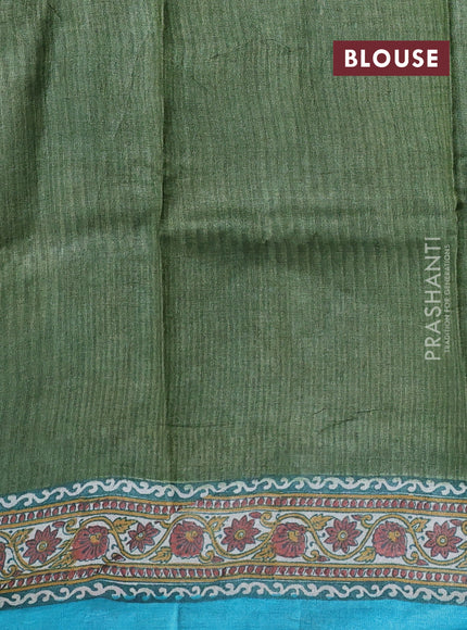 Pure tussar silk saree sap green and teal blue with allover block prints and long block printed border